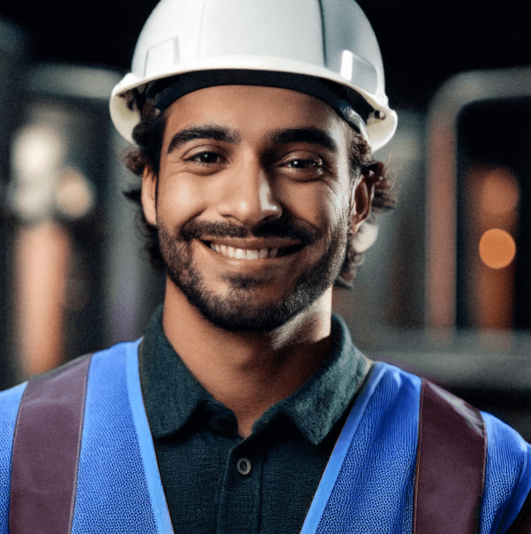 homme souriant avec casque de sécurité et gilet réfléchissant dans un milieu industriel